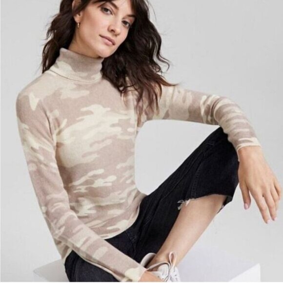 Charter Club Cashmere Camo Turtleneck Sweater Cream Tan Women’s Size Large - Picture 1 of 6
